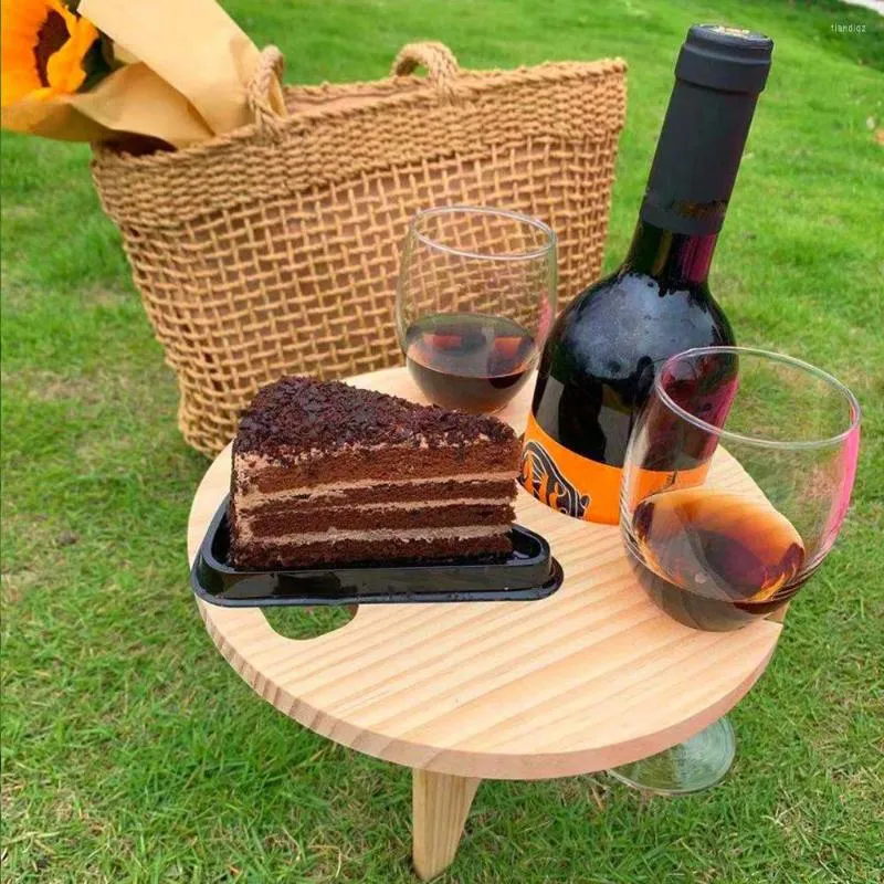 Camp Furniture 29 20cm Outdoor Portable Foldable Wine Table With Round Mini Wooden Desktop Easy To Carry Rack Picnic Party Travel Tools