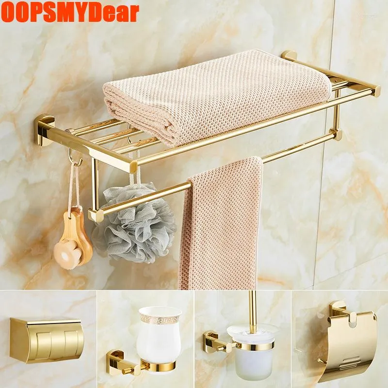 Badtillbehör Set Guld Badrumstillbehör Handduk Hylla Full Kit Paper Box Toalettborste Holder Wall Mount Cup Rack Lyxiga kopparhyllor