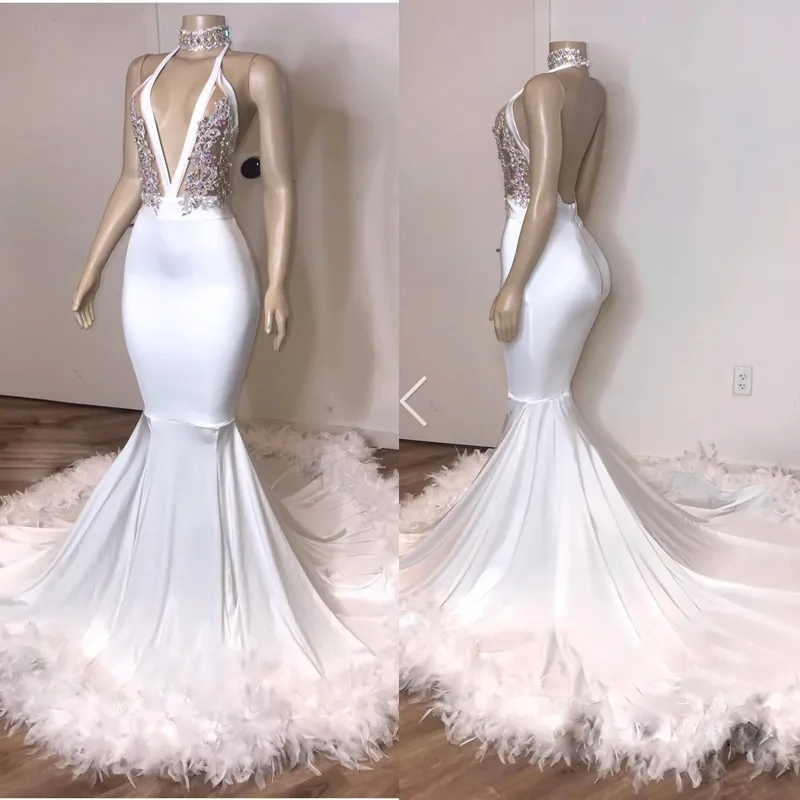Charming Backless Feathers Mermaid Prom Dresses African Sexy Evening Occasion Gowns Lace Applique Crystal Beaded Halter Sleeveless Long Special Occasion Dress