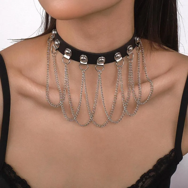 Choker Punk Black PU Leather Women Necklaces Silver Color Metal Chain Tassel Necklace 2023 Gothic Party Jewelry