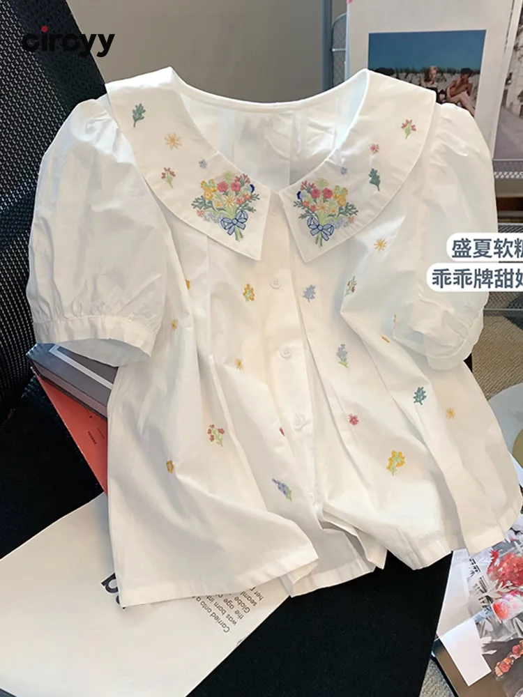 Women's Blouses Shirts Circyy Women Shirts White Embroidery Floral Summer Blouses Button Up Shirt Short Sleeve Sweet Chic Peter Pan Collar Tops 230204