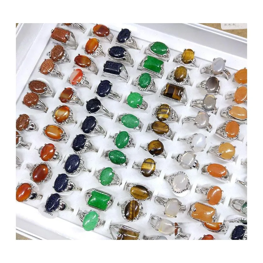 Solitaire Ring Mix Taille Anneaux de pierre naturelle pour femmes 10 couleurs différentes formes Tiger Eye Girls Bijoux de mode Gift Drop Livraison OTQSN