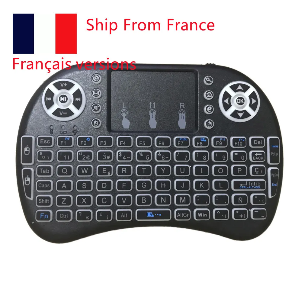 Frankreich Lager i8 Wireless Mini Tastatur Französisch Englisch Sprache wiederaufladbare 2,4 G Air Mouse Fernbedienung Touchpad Hintergrundbeleuchtung Hintergrundbeleuchtung für Smart Android TV Box