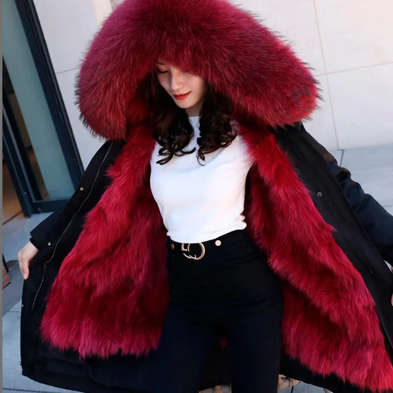 Penhas de pele feminina Faux impermeável casaco real jaqueta de inverno longa colarinho de guaxinim de colarinho mais tamanhe tamanho de parques de parques quentes de parques de parques