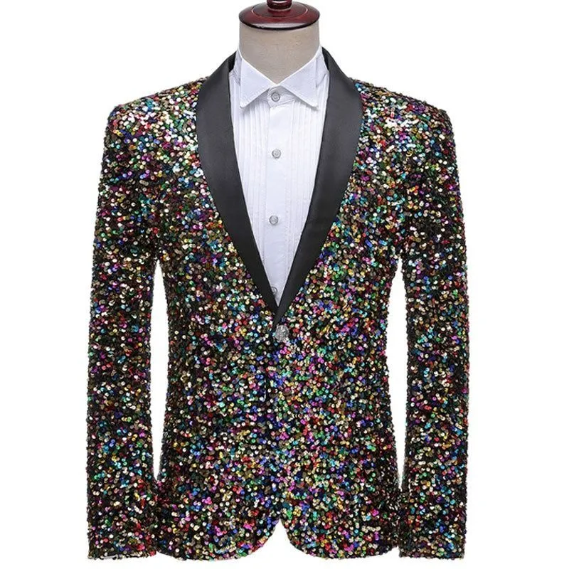남자 양복 블레이저 화려한 반짝이는 반짝이는 턱시도 블레이저 남자 고급 브랜드 남성 목도리 칼라 드레스 양복 재킷 웨딩 파티 무대 무대 블레이저 의상 230203
