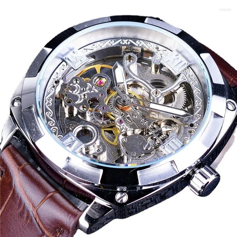 Montres-bracelets Forsining Marque Classique Hommes Montres Squelette Automatique Mécanique Montre Or Horloge En Cuir Étanche Militaire Montre-Bracelet