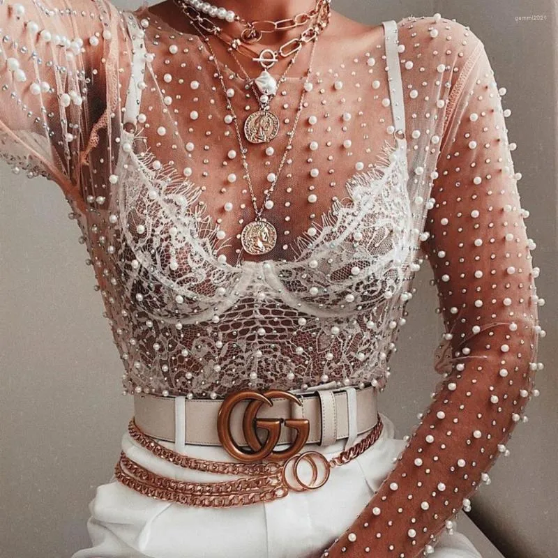 Kvinnors blusar Elegant Diamond Sparkle Sheer Pearl Blus Shirts Women 2023 Summer Sexy See Through Tops Night Club Party Mesh Blusas