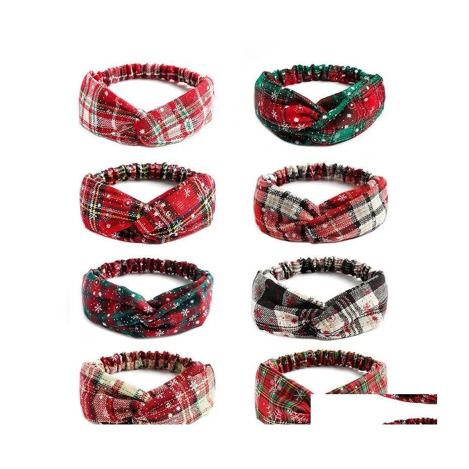 Headbands Fashion Christmas Adt Kids Mother Baby Turban Mom Daughter Bow Knotted Hairband Plaid Print Hair Accessories Ornament Drop Otmvj