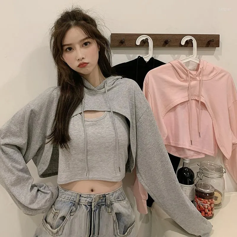 Women's Hoodies Two Piece Set Long Sleeve Grey Cropped Hoodie Women Autumn Winter Pullover Short Sweatshirt PlushCotton