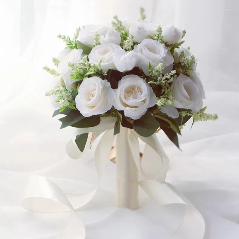 장식 꽃 신부 꽃다발 신부 들러리 결혼식 꽃 흰색 인공 장미 신부 부케 결혼 액세서리
