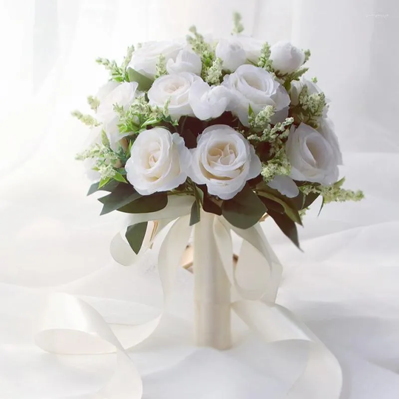 Decorative Flowers Bride Bouquet Bridesmaid Wedding Flower White Artificial Roses Bridal Bouquets Marriage Accessories