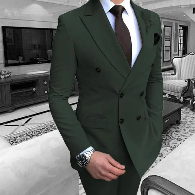 Mäns kostymer mörkgrön herrar passar formell affärsbröllop man blazer brudgummen smoking smal passform och byxor kostym homme