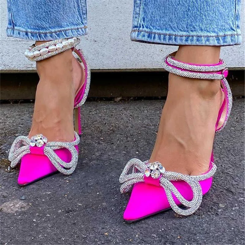 Классические туфли Женские туфли-лодочки с узлом-бабочкой Босоножки с ремешком на щиколотке с блестками и острым носком Туфли на высоком каблуке Женские дизайнерские сандалии Тренд 2022 года G230130