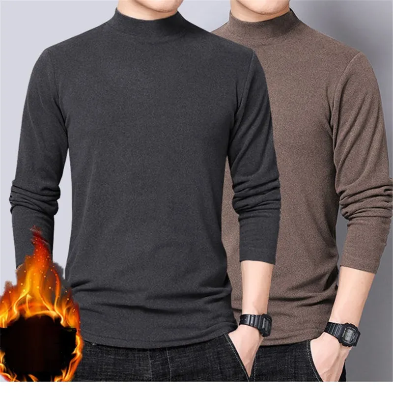 Herr t-shirts vinter t-shirt för män långärmad tshirts termiska underkläder fast färg med tunn fleece 230204