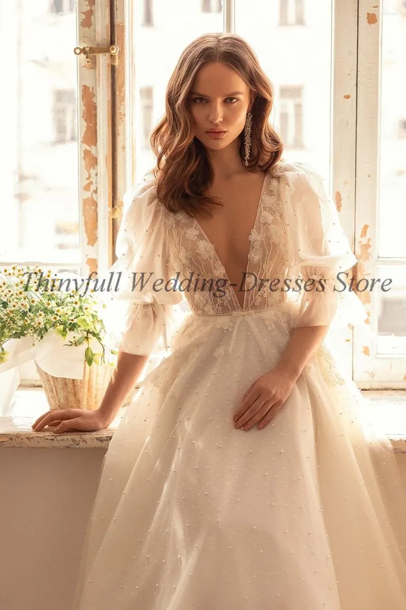 Wedding Dress Boho Polka Dots Tulle Pearls Half Sleeve Lace Appliques  V-Neck Bridal Gown with Built-in Bra from Dhgate Other Wedding Dresses -  price 163.9
