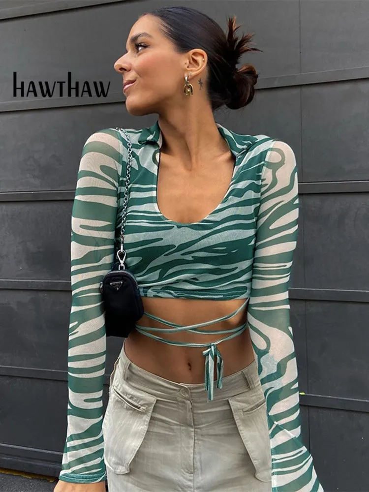 Kvinnors t-shirt Hawthaw Women Autumn Winter Long Sleeve Striped Printed Mesh See Through Crop Tops T Shirt Fall Clothes Wholesale Poster 230204
