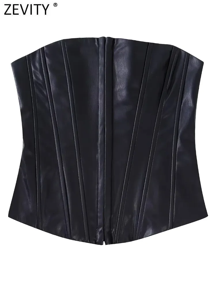 Chemises de chemisiers pour femmes Zevity Femmes sexy sans bretelles Style Corset Pu Leather Blouse Femme Summer Backle Up Short Smock Shirt Chic Crop Blusas Tops LS2562 230204