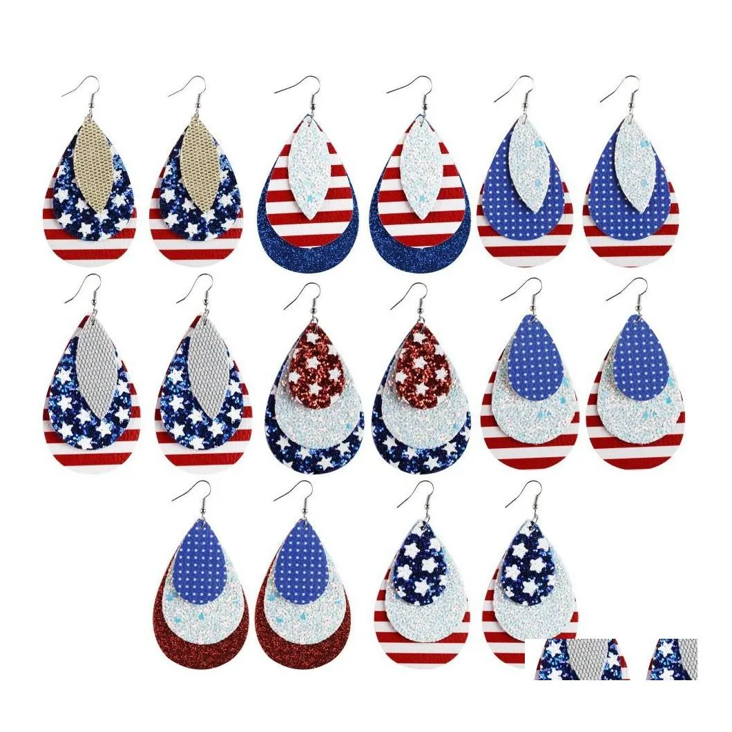 Baumeln Kronleuchter Modeschmuck Pu-Leder Ohrringe Amerikanische Flagge Dreischichtige Faux Drop Lieferung Dhylx