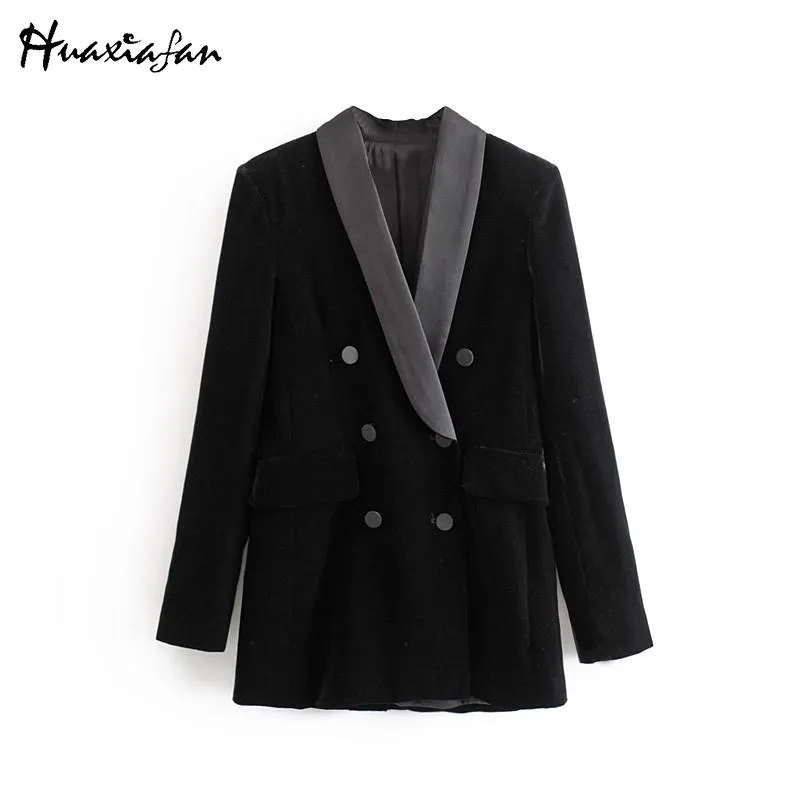 Damespakken Blazers Huaxiafan Women Blazer Zwarte lange mouwen Dubbele borsten Knop Vrouwelijke jassen Casual herfst Winter Outerwear jas