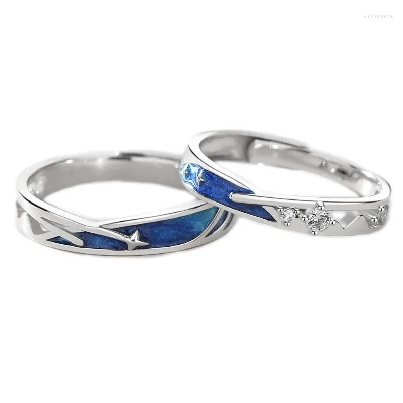 Bröllopsringar 2st. Dainty Sea Blue Meteoric Star Lover Par Matching Set Promise Moon Ring Bands för honom och henne