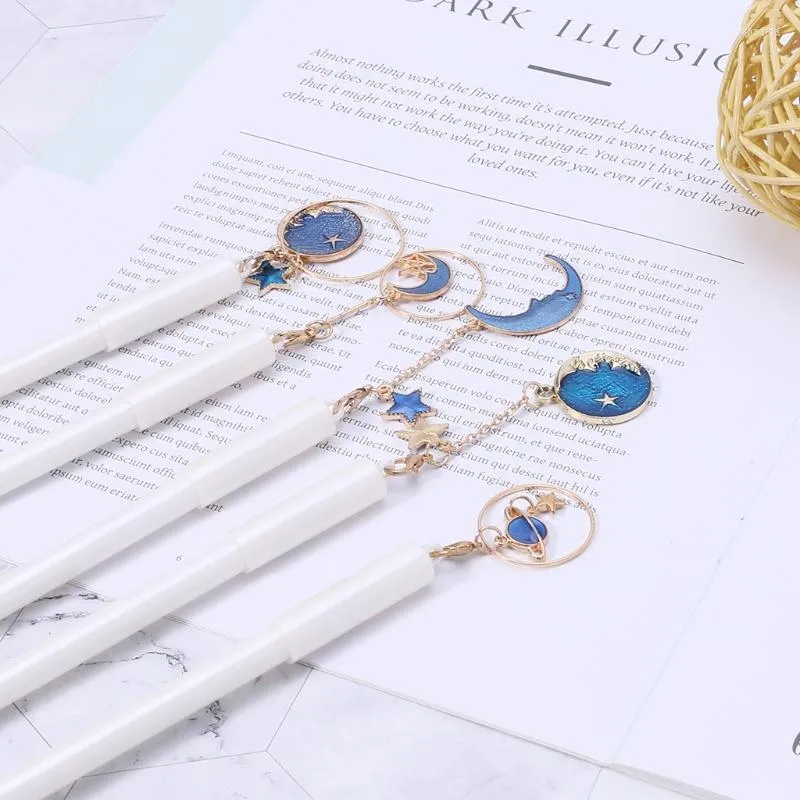 Stylo Gel à pendentif bleu ciel étoilé, étoile et lune, fourniture de papeterie scolaire et de bureau Kawaii