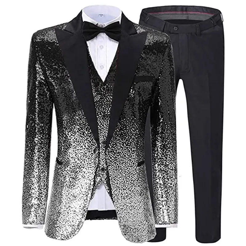 Abiti da uomo Blazer 3 pezzi Colore paillettes Risvolto lucido per matrimonio, festa, sposo, banchetto Niglub BlazerVestPant 230203