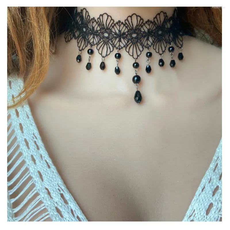 Łańcuchy naśladowanie perłowe czarne koronkowe naszyjniki choker biżuteria dla kobiet tatuaże ślubne TASSEL Punk w stylu wisior