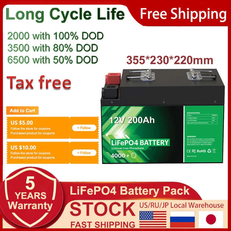 12V 200AH LIFEPO4 Batterijpakket Lithium Ion Battery 4S1P ingebouwde BMS Oplaadbare batterij voor thuisopslag gratis belasting