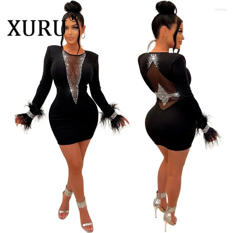 Casual jurken Xuru Sexy Perspective V-Neck Dress Splicing Long Sleeve Hip Wrap Nightclub Party For Women