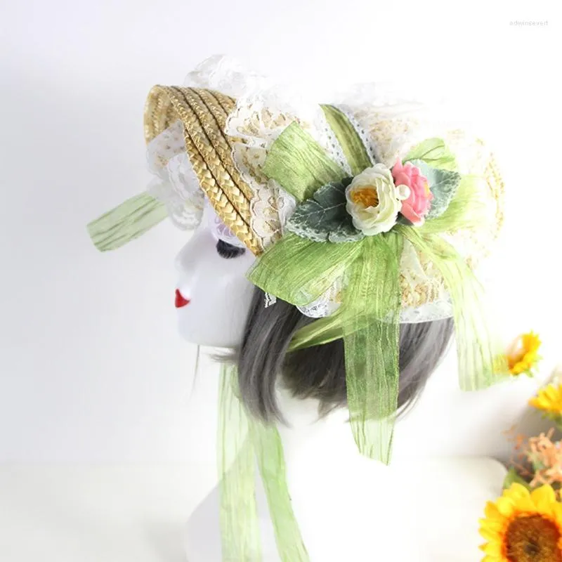 Cappelli a tesa larga Cappello a cilindro piatto estivo con fiori in pizzo Lolita Protezione solare Accessori per la testa francese in paglia per l'abbigliamento quotidiano R7RF