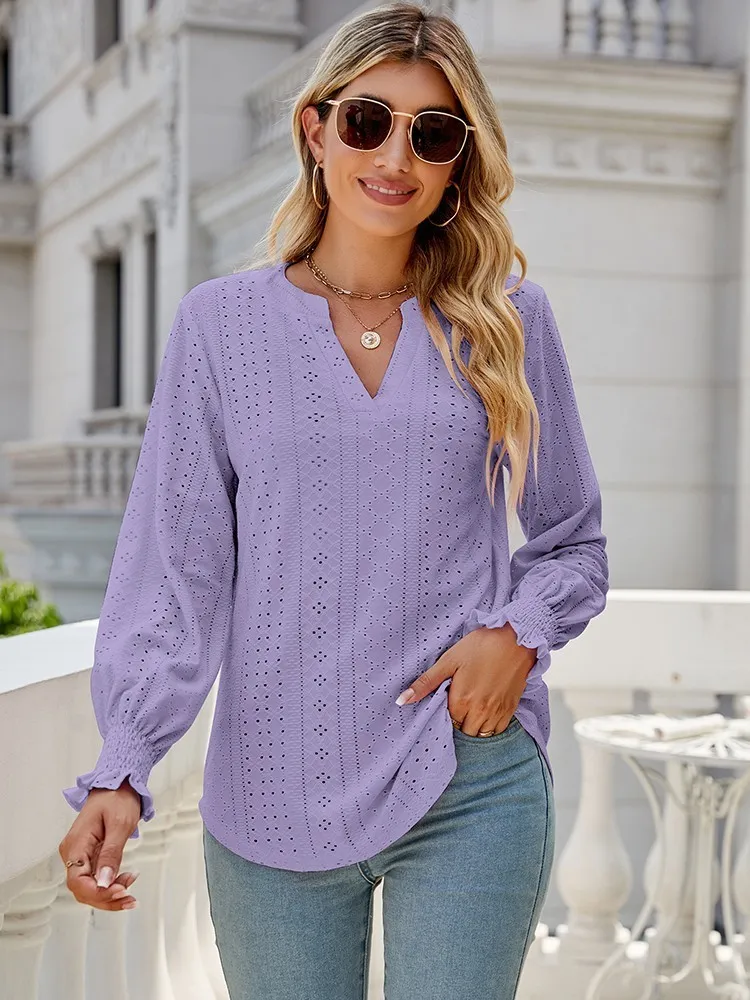 Blusas de mujer Camisas Blusas s lidas para mujer Moda ahueca hacia fuera Cuello en V Manga larga Elegante Trabajo de oficina Camisa de mujer Tops