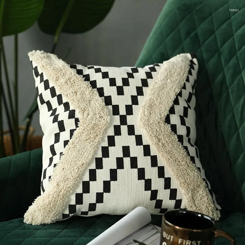 Kudde tuftad tryckt soffa täcker bomullsvävd europeisk duk kram kudde svartvitt 45x45 cm
