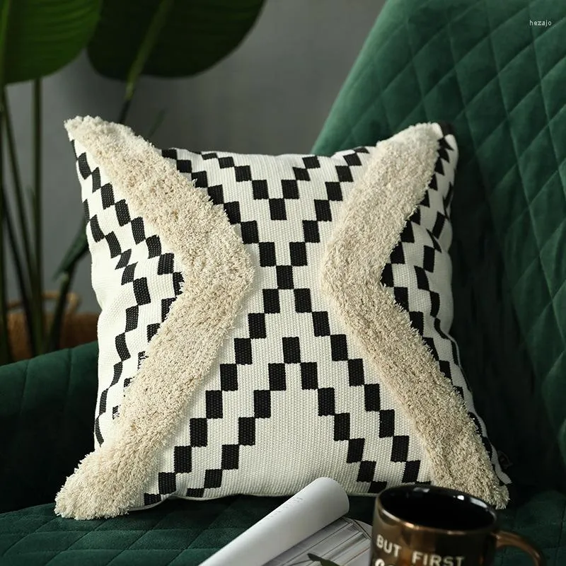 Almohada Tufted Impreso Sofá Cubierta Algodón Tejido Europeo Lona Abrazo Funda de almohada Blanco y negro 45x45cm