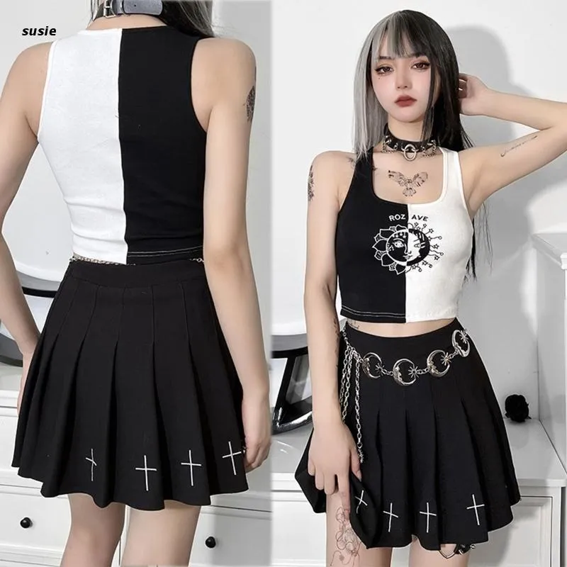 Women's Tanks & Camis Women Dark Goth Punk Sleeveless Crop Top Harajuku Sun Moon Graphic Contrast Color Patchwork Ribbed Mini Tank Vest Aest