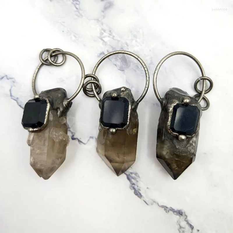 Hanger kettingen natuurlijk rokerig kristal met vierkante obsidiaan steen verzilverde opgelicht ontwerp charme voor mannen vrouwen retro ketting sieraden