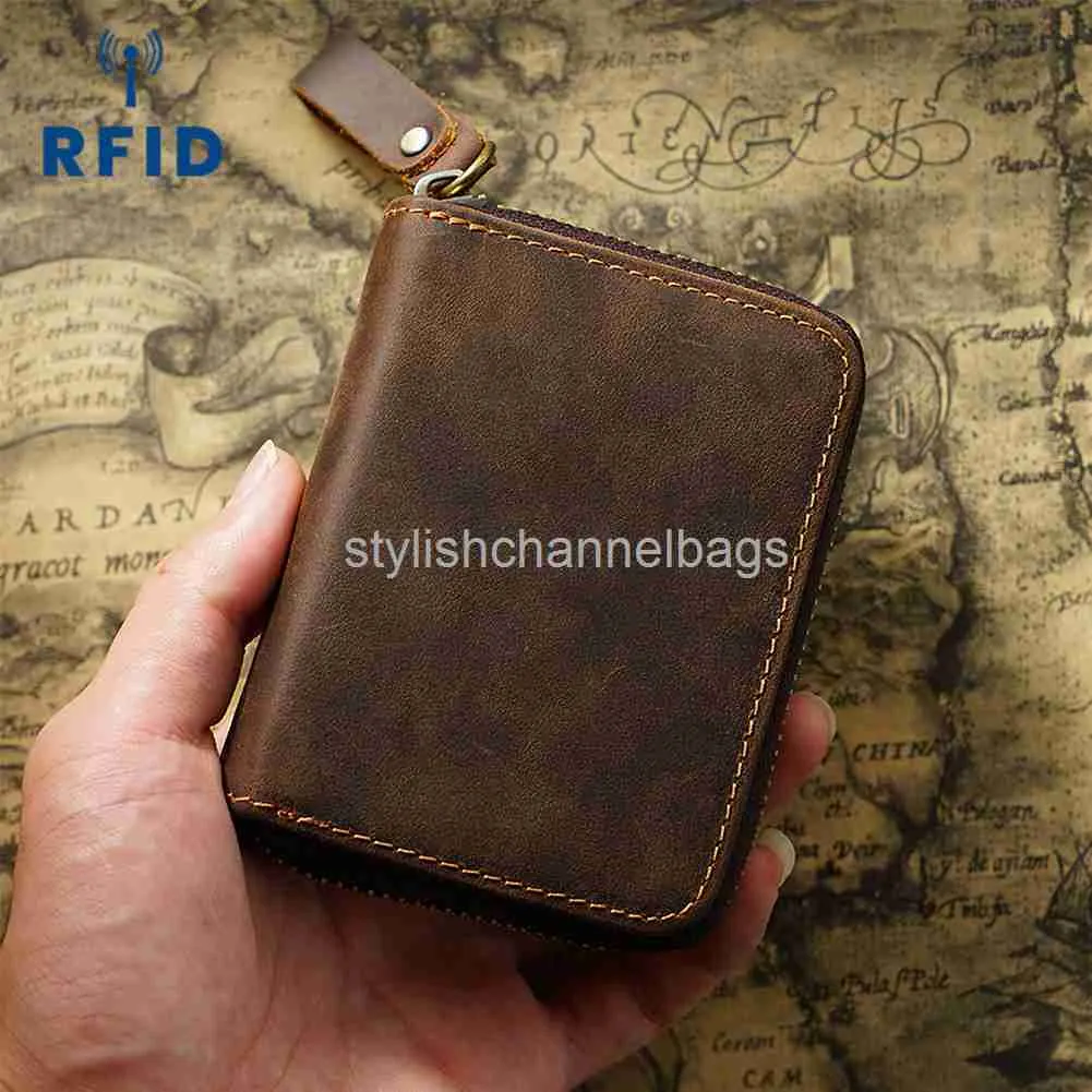 Slim Leather Credit Card Holder Wallet For Men - RFID Blocking, Minimalist Design, Brown Crazy Horse