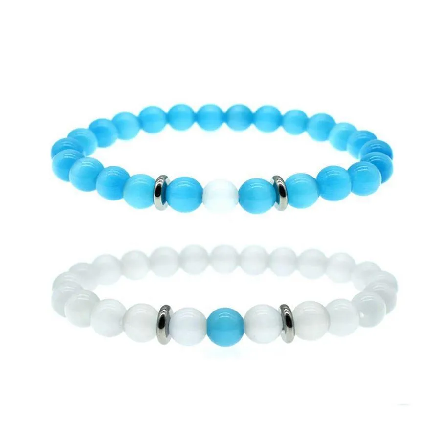 Kralen Strengen 8Mm Blauw Wit Opaal Kralen Kettingen Armband Voor Vrouwen Mannen Paar Healing Crystal Natuursteen Kralen Bangle mode J Ots4M