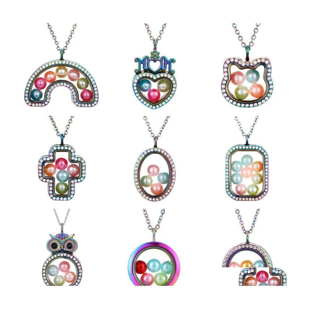 Lockets Magnetic Open Rainbow Pearl Cage قلادات قلادة للنساء حبات البلورة الزجاجية العائمة سحر سحر الأزياء مجوهرات OTKGV