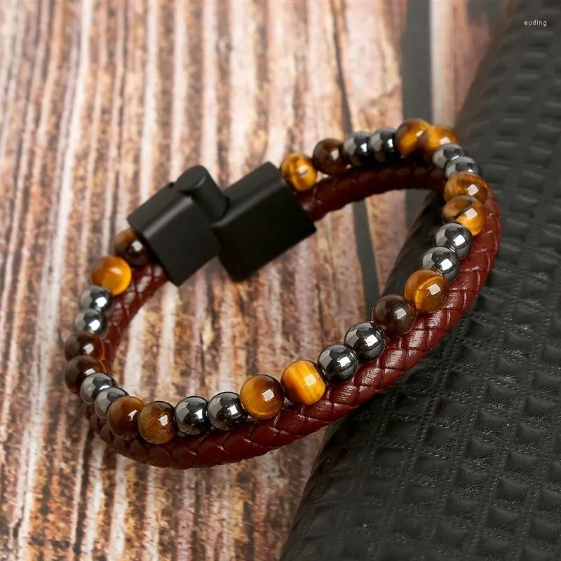 Charm Bracelets Fashion Beads Bracelet For Men Two Layers Leather Male With Stainless Steel Magnet Jewelry Gift