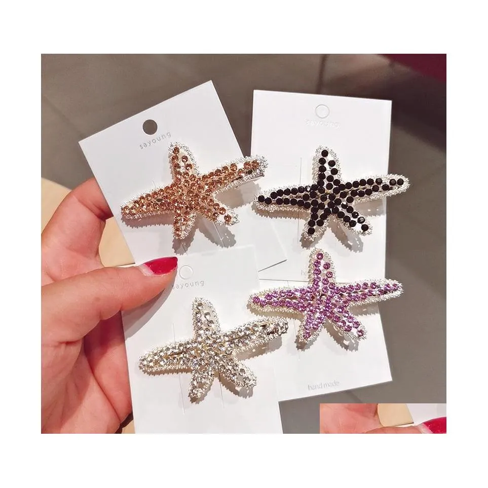 Klipsy do włosów Barrettes Modna biżuteria Perły Rhinstone Starfish Clip Barrette Women Girls Hair Spin