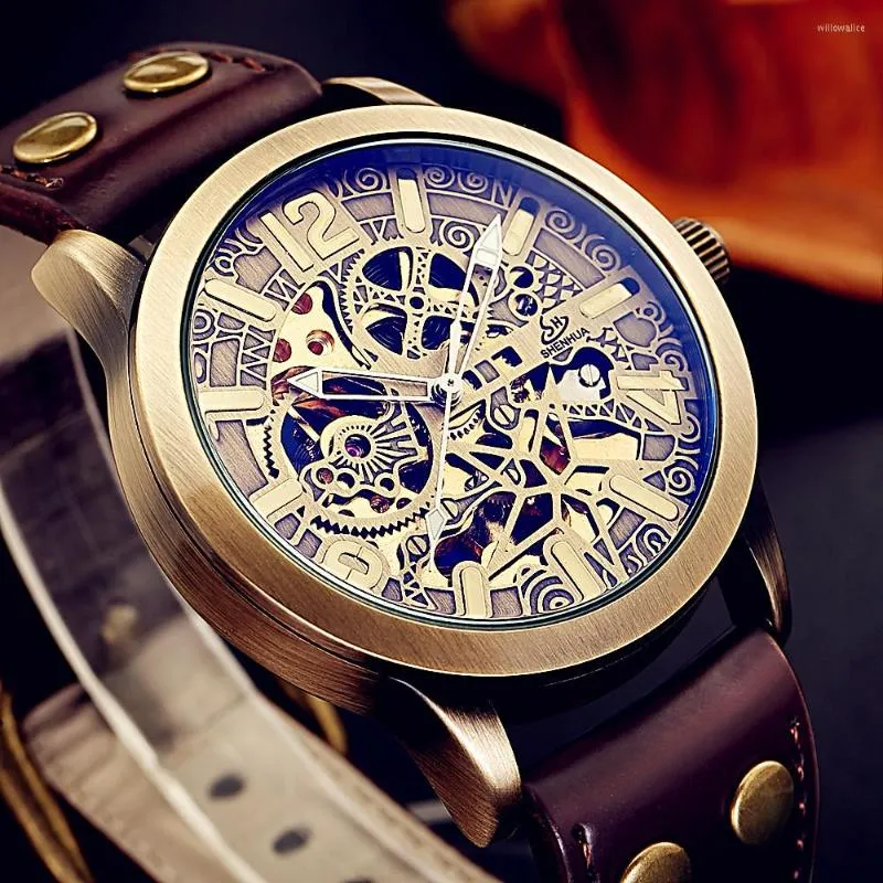 Zegarki na rękę styl Shenhua drążą męski Retro brąz Steampunk automatyczny skórzany szkielet sportowy sportowy mechaniczny zegarek na rękę