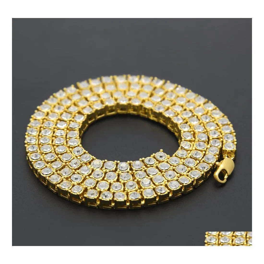 Tennis Graduated Hip Hop Iced Out Chains 1 Row Bling White Crystal Rhinestone Tennis Men Gold Sier Plated Necklace For Rapper Fashi Otdwv