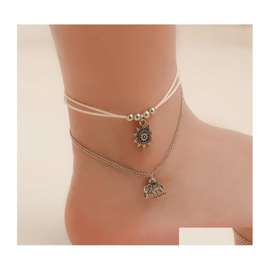 Anklets Fashion Personality Retro Female Models Layered Sun Flower Elephant Pendant Rope Chain Foot Anklet Nanashop Drop Delivery Jew Dhnhj