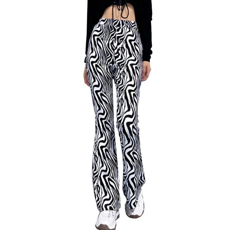 Женские штаны Capris Женщины с высокой талией Flare Harajuku Vintage Zebra полосатые колокольчики нижние брюки