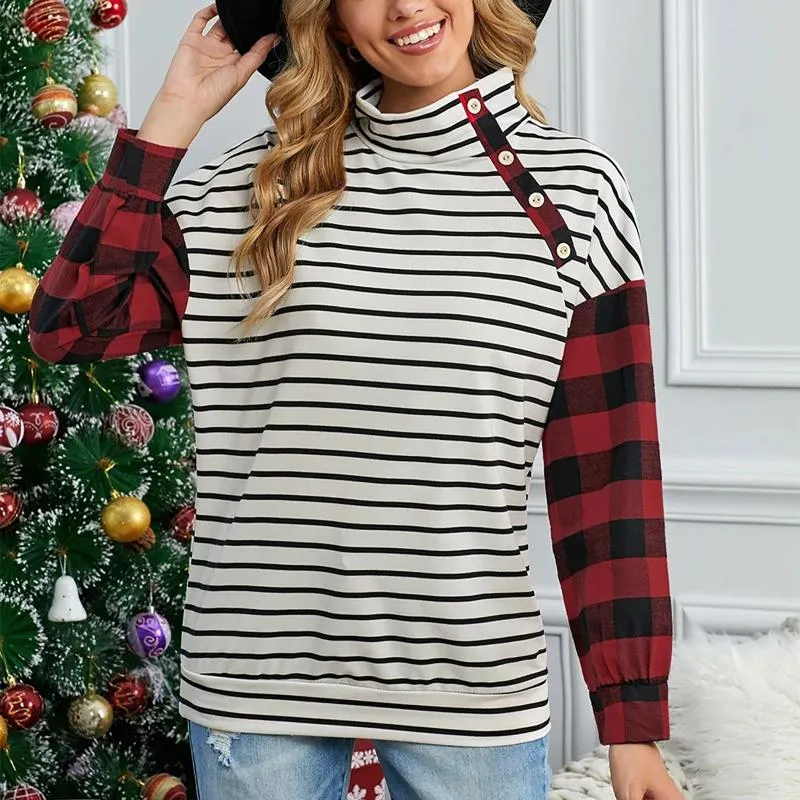 Women's T Shirts Plaid Stripe Color Block Splicing Women High Collar Long Sleeve Buttons Casual Round Neck Tunic Tops Manga Larga Ts