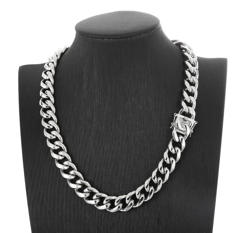 Srebrny duży kubański krawężnik łańcuchowy łańcuch do męskiego biżuterii Hip-Hop ciężka 15 mm 18-26 cala