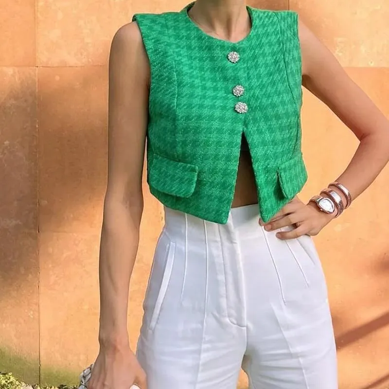 Vestes Femmes Gilet Houndstooth Manteau Vintage Cropped Top Sans manches Vert Mode INS Veste Summer Femme TrafWomen's