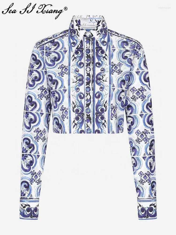 Bluzki damskie Seasixiang Projektantka mody Autumn Botton Shirt Kobiet Down-Down kołnierz długi rękaw niebiesko-biały porcelanowy nadruk krótki top