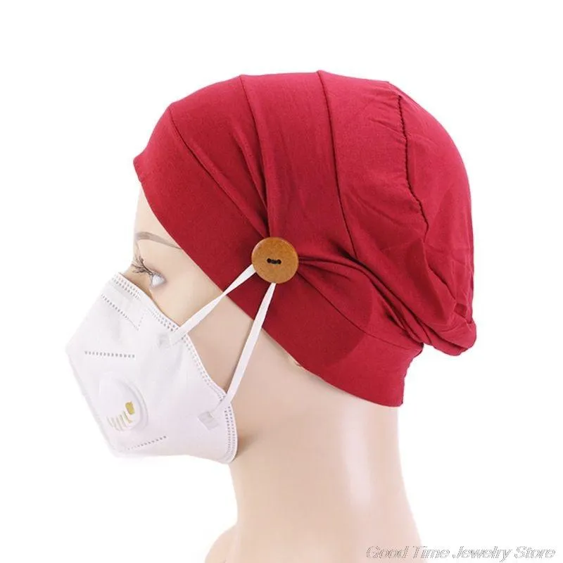 Abbigliamento etnico Donna Modale Cotone Pieghettato Turbante Berretto Bottone Porta maschera Tinta unita Proteggi le orecchie Avvolgere la testa Cappello chemio elasticizzato F19