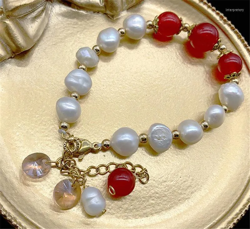 Strand Beaded Strands HABITOO Natural Freshwater Cultured 8-9mm White Pearl Bracelet Red Jade Pink Crystal Mix Chain Bangle Simple Fashion